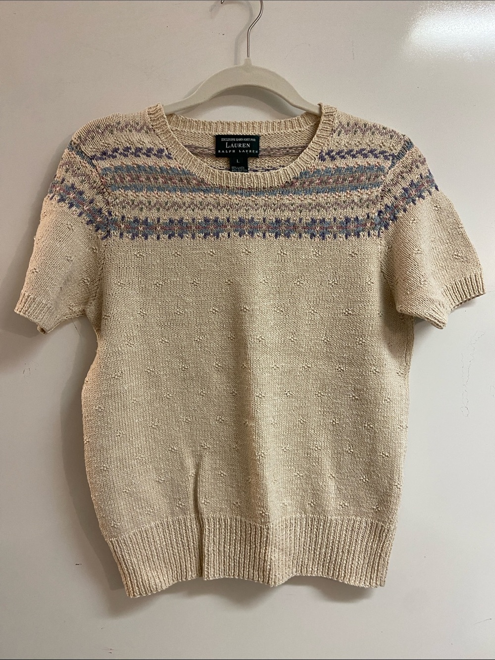 Vintage Lauren Ralph Lauren Cream Short-Sleeve Fair Isle Sweater